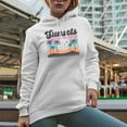 thumbnail image 2 of Sunsets and Palm Trees, Summer or Beach Themed Art Merch Gift, White Hooded Sweatshirt or Hoodie, Large, 2 of 5