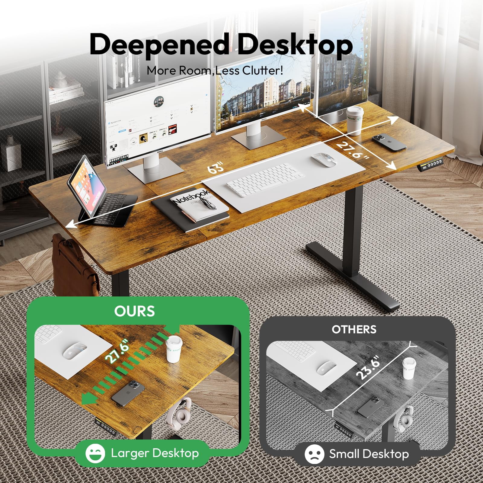 63"×28" Brown Electric Height Adjustable Desk, Ergonomic Sit Stand Computer Workstation With 3 Custom Height Memory Presets and Child Lock for Home & Office