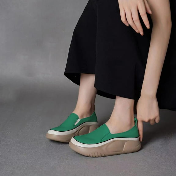 Weloille New Casual Loafers Women's Thick Bottom One Foot Stirrup Maternity Shoes Soft Leather Retro Single Shoes Women's Shoes Casual Shoes