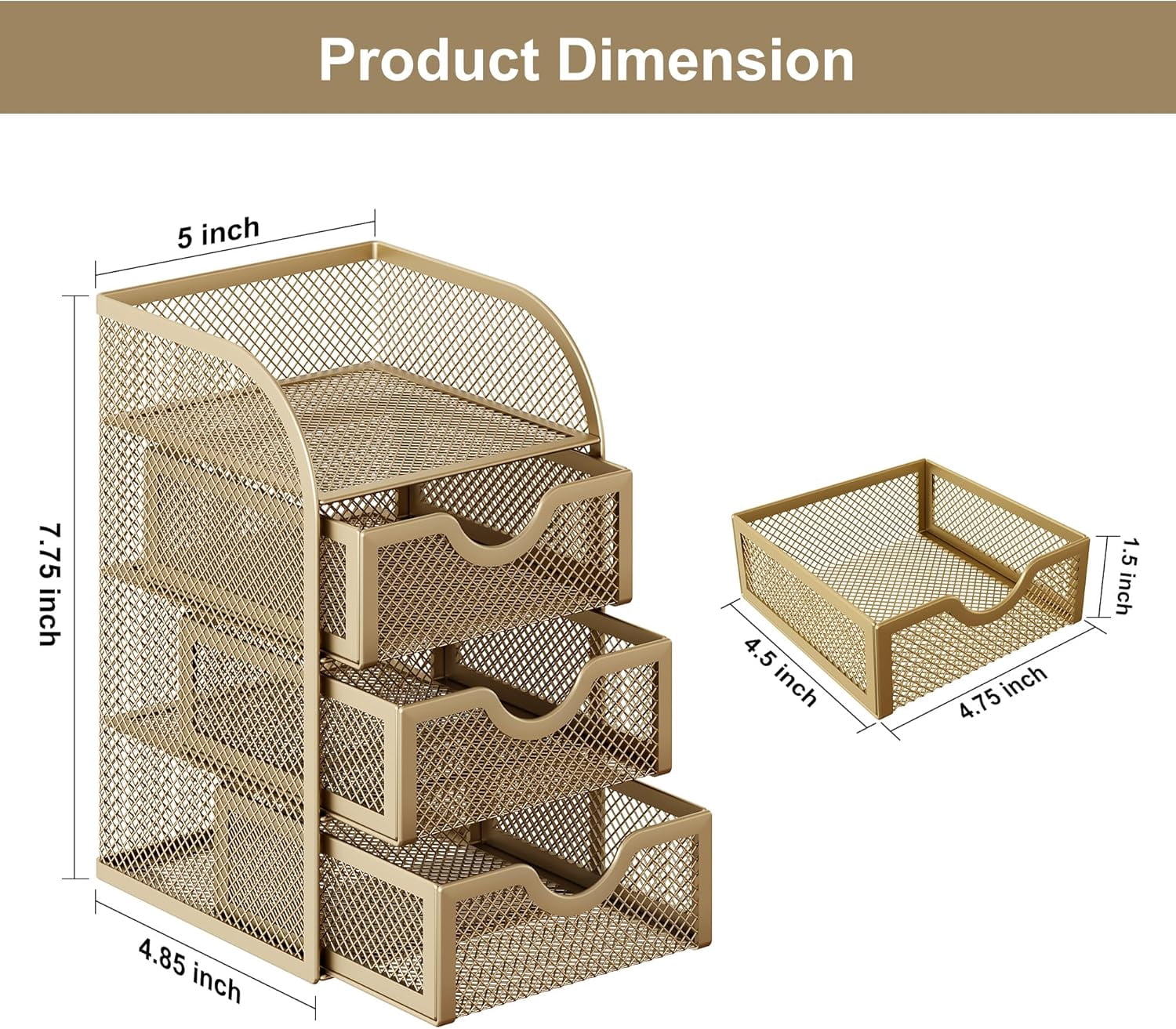 Mesh Desk Organizer with 3 Drawer Office Desktop Organizers and Accessories Stationery Caddy for Office, Home, Students, Gold