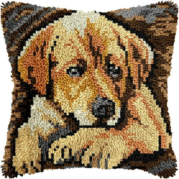 Labrador Latch Hook Pillow Kits for DIY Throw Pillow Cushion Embroidery Latch Hooking Pillowcase Kits with Preprinted Canvas Crochet Yarn Kits for Home Decor 17''X 17''(j39)
