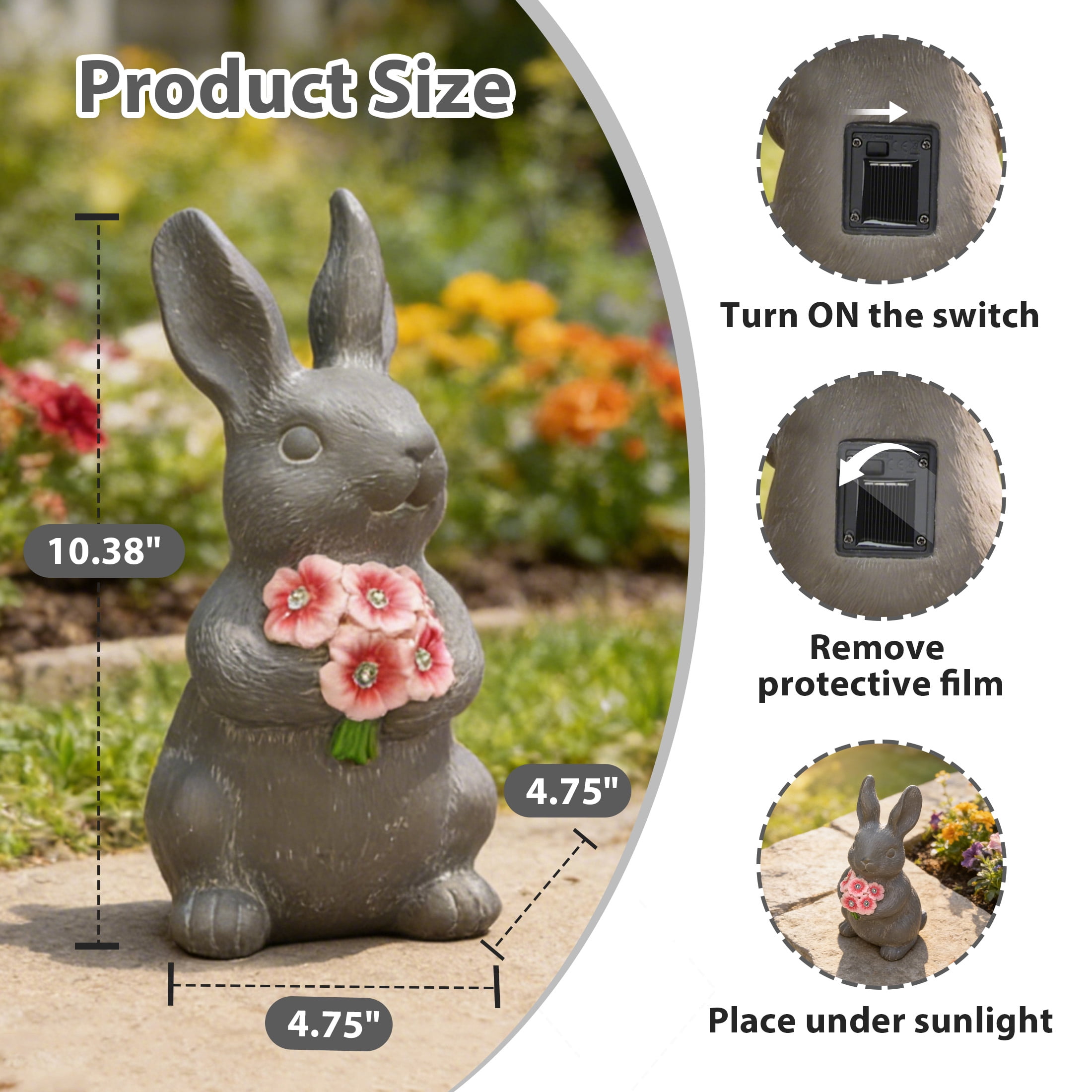 The Growing Ground Solar Bunny Garden Statue with LED Light, Resin Garden Decor for Patio, Lawn, Gray and Pink