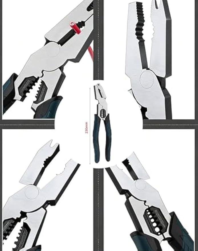 Industrial-Grade Multi-Function Cutting Pliers, 9-in-1 Multi-Functional Pliers Nail Puller, Heavy-Duty Offset Industrial MultiFunction Wire Cutter, High Leverage CR-V Stripper/Crimper