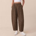 thumbnail image 6 of Women's Plaid High Waist Wide Leg Cropped Pants, Loose Relaxed Fit Barrel Trousers with Side Pockets, for Spring Summer Daily Wear, Travel or Casual Outfits Coffee L, 6 of 7