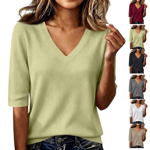 Kamentoy Fall Sweaters for Women Lightweight Knit V Neck Elbow Sleeve Tops Thin Pullover Sweater Shirt Tunic Casual Blouse