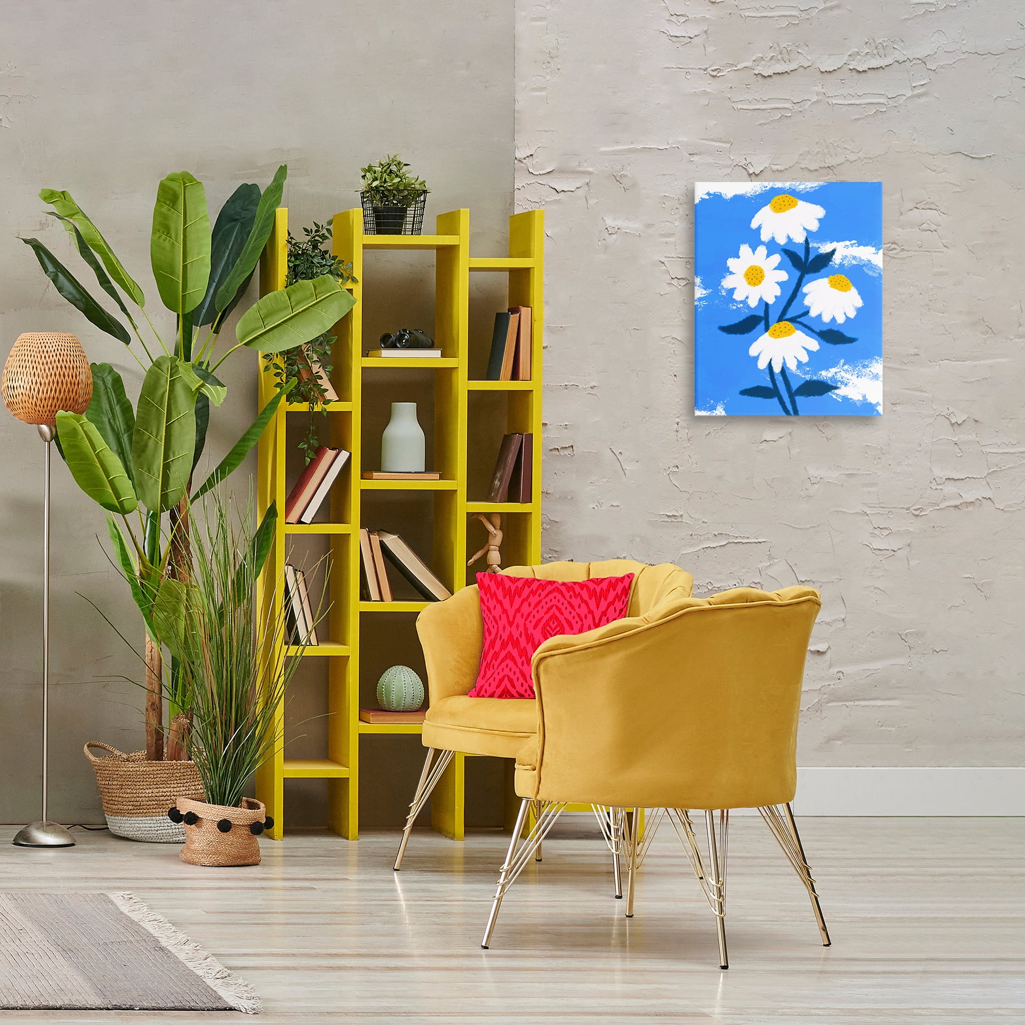 Stupell Industries Daisy Bloom with Clouds Plants & Flowers Painting Wrapped Canvas Art Print Wall Art, 16 x 20