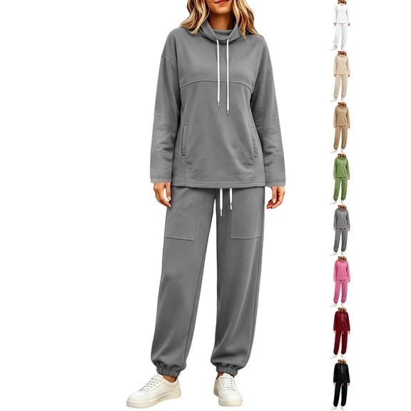 Hoodies Dqueduo Women's Two Piece High Neck Sports Suit Long Sleeve Drawstring And Jogger Pants Casual Pocket Set, Sizes S-XXL