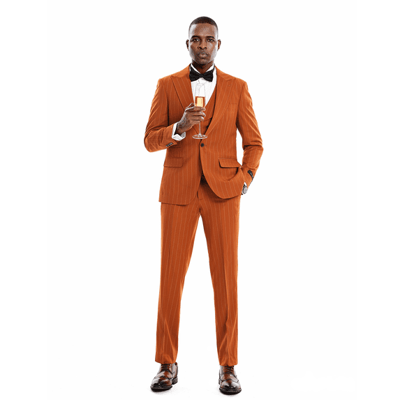 TZ Men's Pinstripe Suit 3-Piece Peak Lapel Collared Vest, Rust Orange