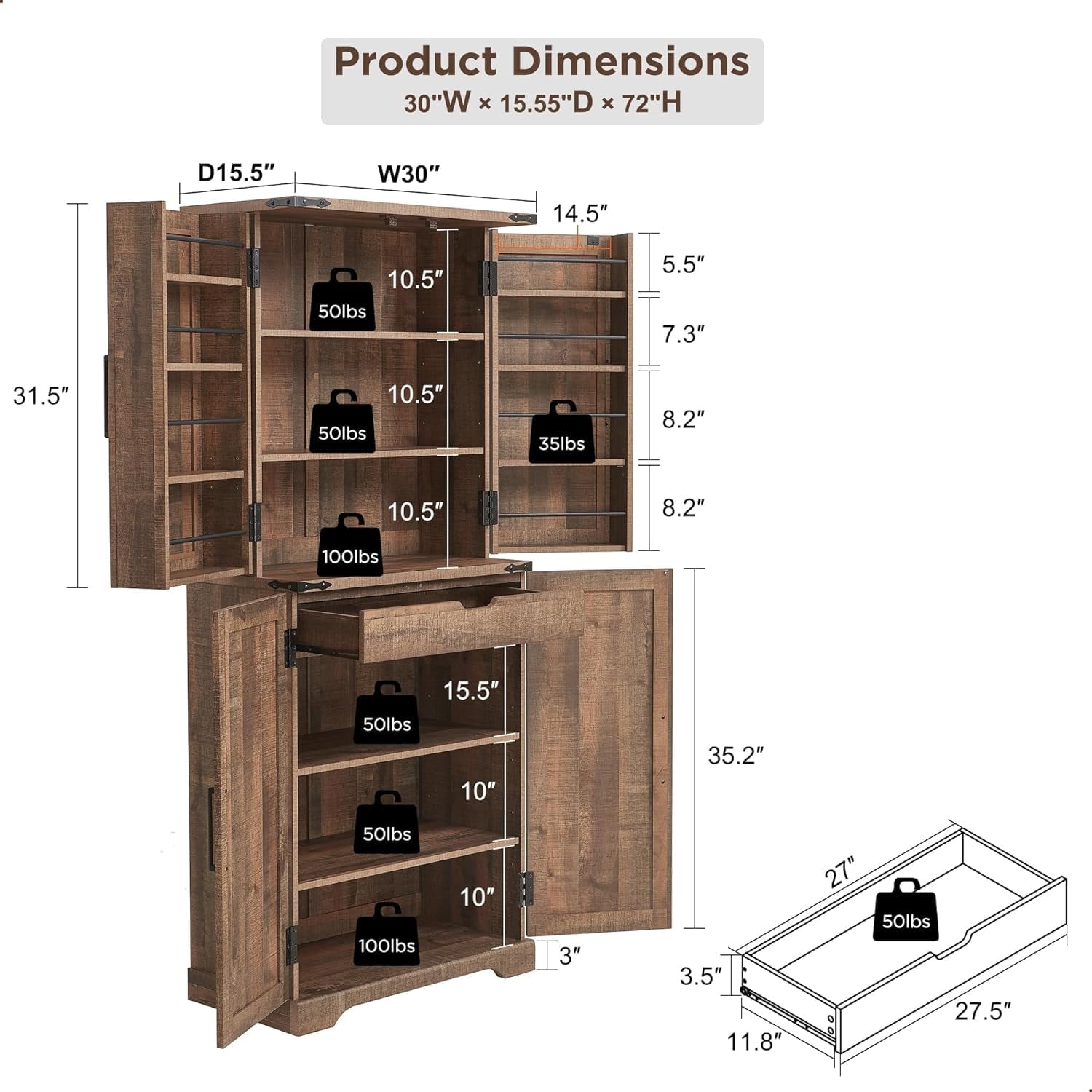 ACCOHOHO 72" Tall Kitchen Pantry, Farmhouse Storage Cabinet with Barn Doors, Drawer and Adjustable Shelves, Rustic Wood Cupboard for Kitchen, Dining Room, Bathroom, Rustic Brown