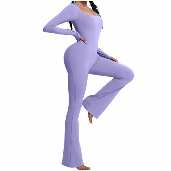 Kaemgyyd Women Long Sleeve Yoga Jumpsuits Stretch Square Collar Workout Flare Pants Romper Fashion Slim Bodycon One-Piece Outfit