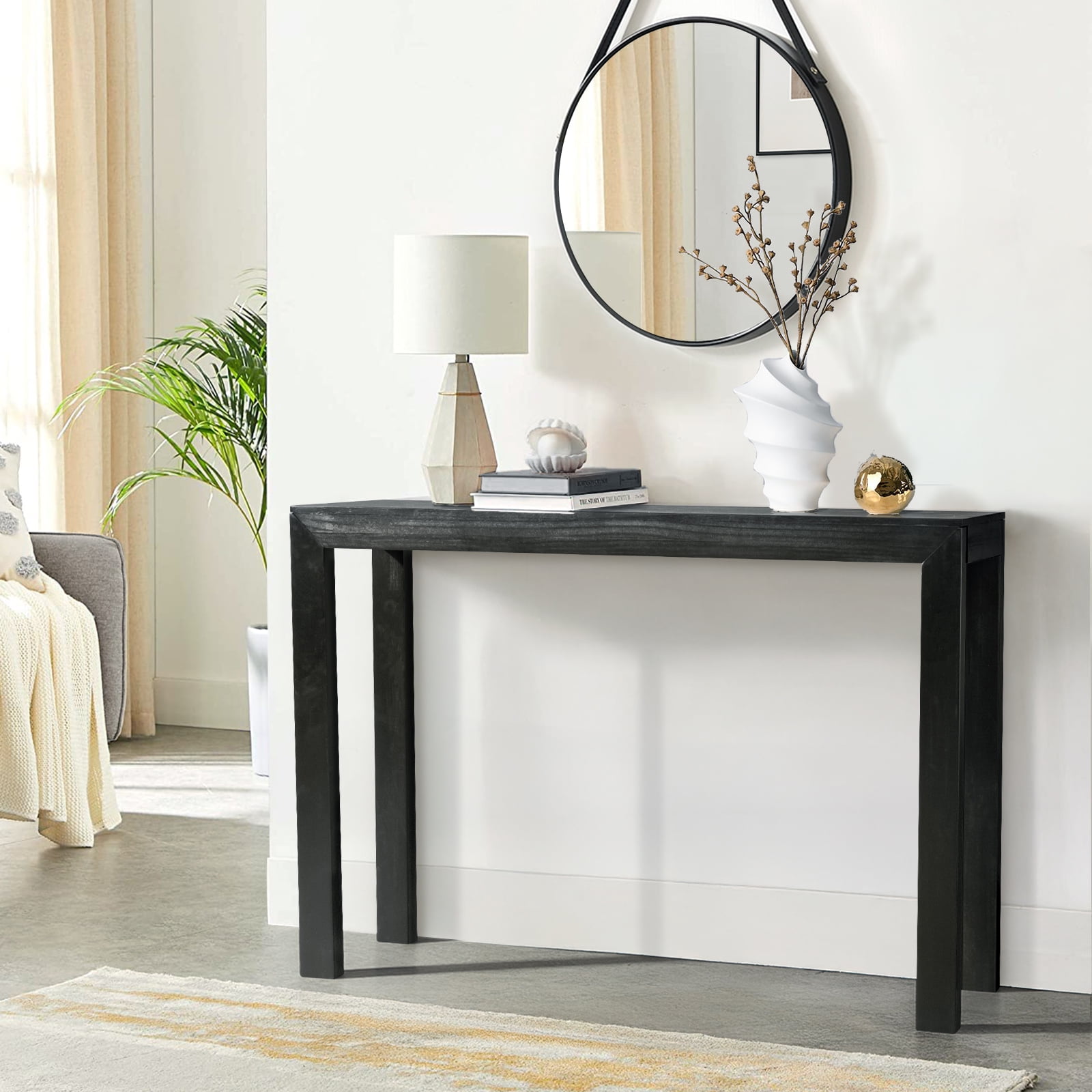46" Pinewood Entryway Table, Console Table Entrance Table, Narrow Sofa Table for Living Room Entryway Hallway, Black