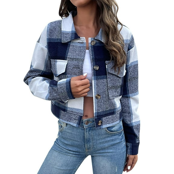 Jiyugala Coats for Women Long Sleeve Plaid Shirt Outerwear Turndown Collar Tops Buttons Casual Blouses