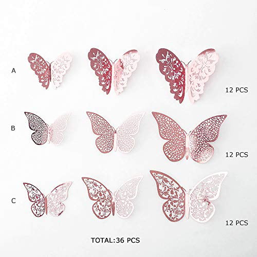 36PCS pinkblume Rose Gold Butterfly Decorations Stickers 3D Butterfies Wall Decor DIY Home Decorations Removable Wall Decals Murals for Home Living Room Babys Bedroom Showcase Nursery Art Decor