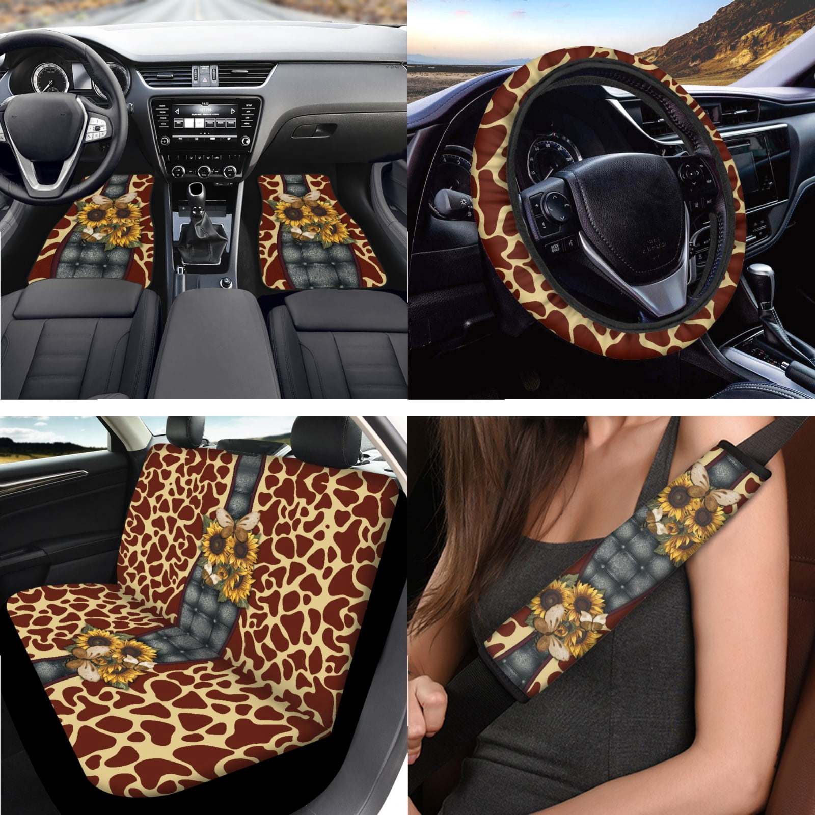 Jeiento Butterfly Car Seat Cover Full Sets Car Front and Back Floor Mats Steering Wheel Covers Armrest Cover Sunflower Car Seat Belt Covers Coaster Keychain 17pcs Auto Accessories Set for Woman Men