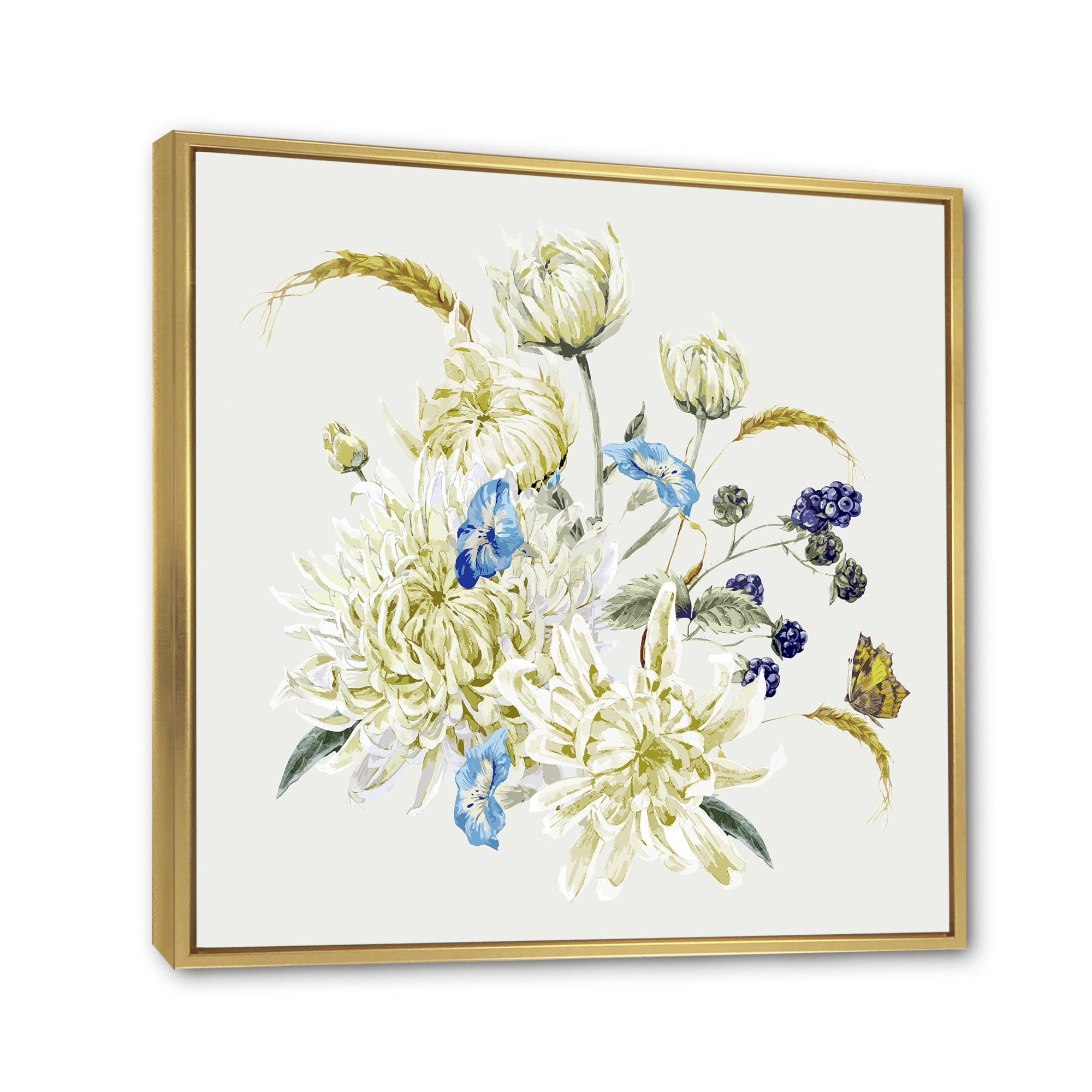 Ancient Chrysanthemums With Bouquet II 36 in x 36 in Framed Painting Canvas Art Print, by Designart