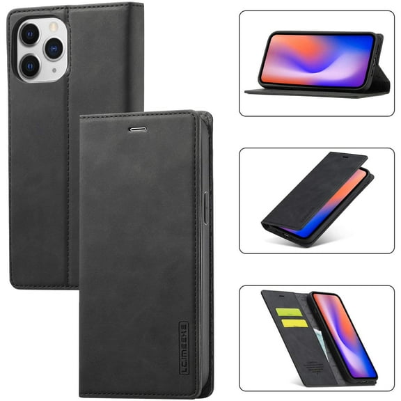 Wallet Phone Case for iPhone 13 Pro Max 6.7 inch, Vintage Classic Matte Leather Wallet Case Flip Notebook Style Cover with Magnetic Closure Kickstand Card Slots - Black