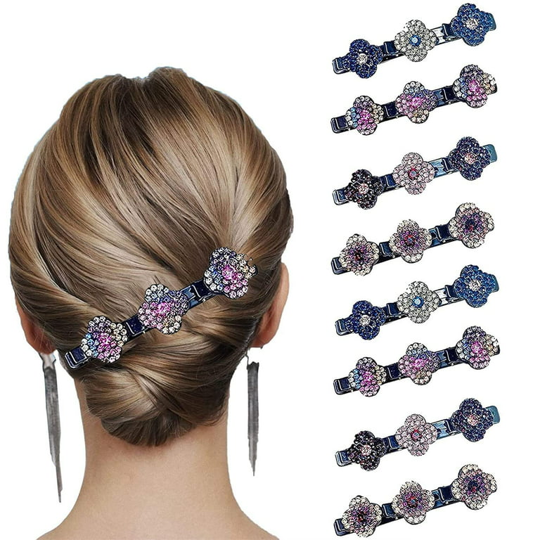 4pcs Sparkling Crystal Stone Braided Hair Clips, Three Flower Side Hair Clip,  Hair Sectioning Clips Girl Women