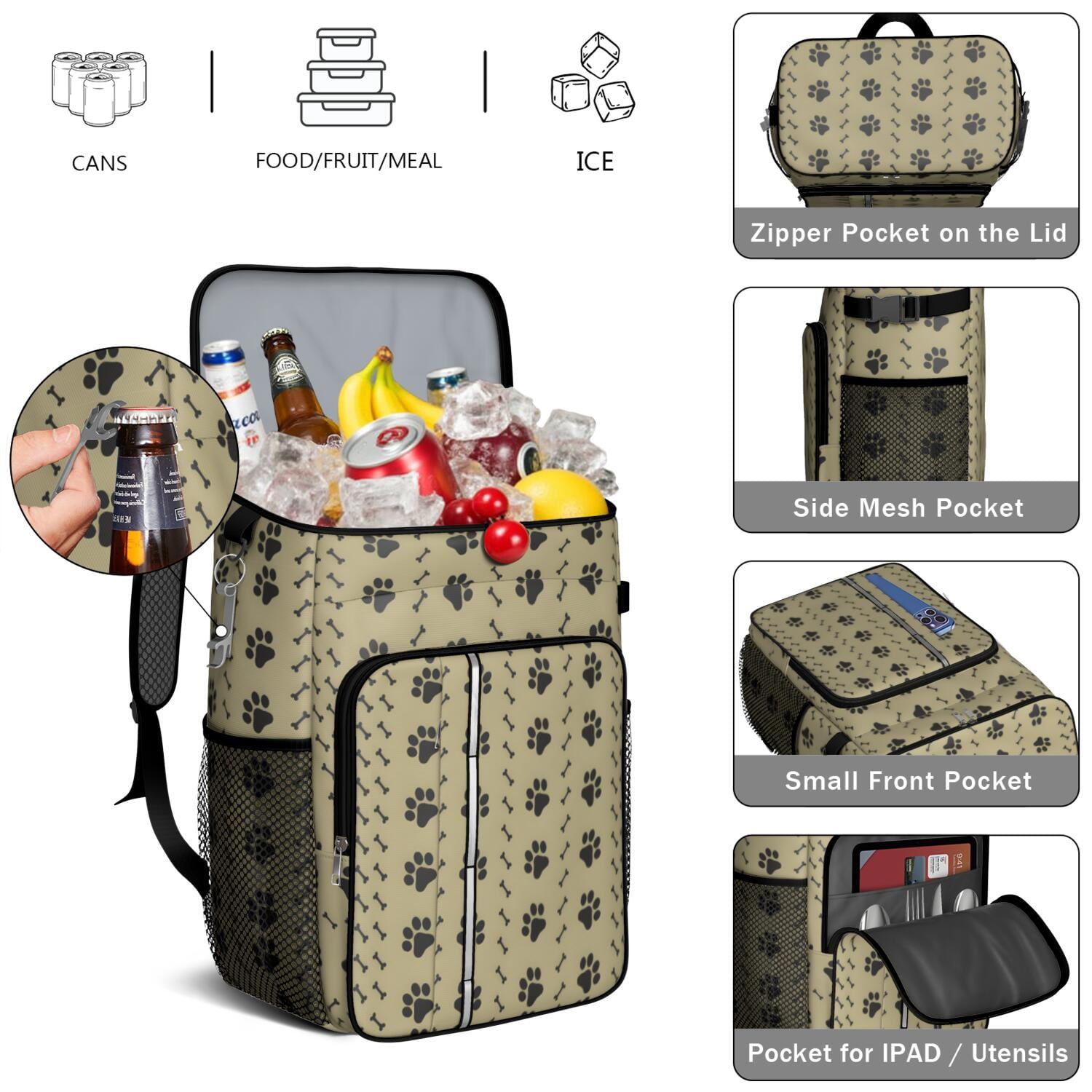 Travel Cooler Bag - Paw Prints and Bones Camping Beer Cooler Backpack with Bottle Opener- Waterproof Insulated Picnic Backpacks - Cooler Bag for Beach