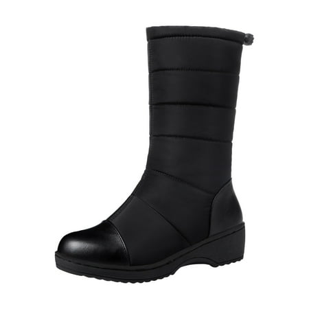 

asdoklhq Womens Waterproof Work Boots Women Shoes Winter Warm Plush Mid Heels Slip-on Casual Solid Color Waterproof Mid-calf Snow Boots Elastic Band