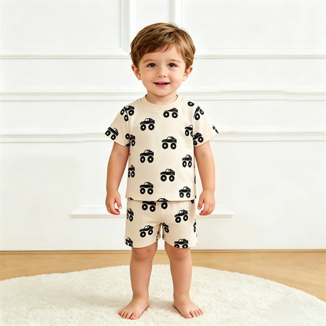 Ensemble Garçon Chemise à Manches Courtes Imprimée Col Ras du Cou Court Tenues de Printemps Ensemble Garçon 7-8 Ans