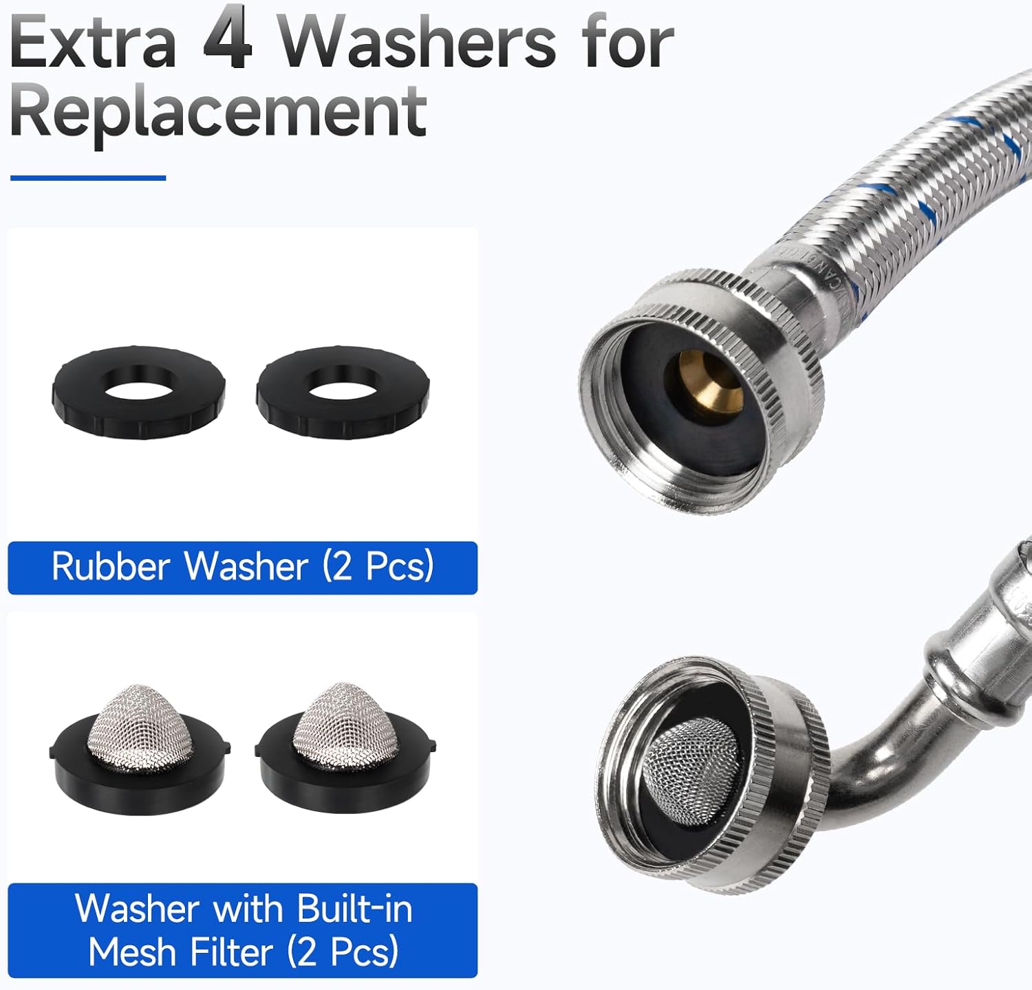6 FT Washing Machine Hoses with 90 Degree Elbow, 3/4" FHT Stainless Steel Washer Hoses, For Short to Moderate-Distance Water Supply in Small & Medium Residences, Red & Blue (2-Pack)