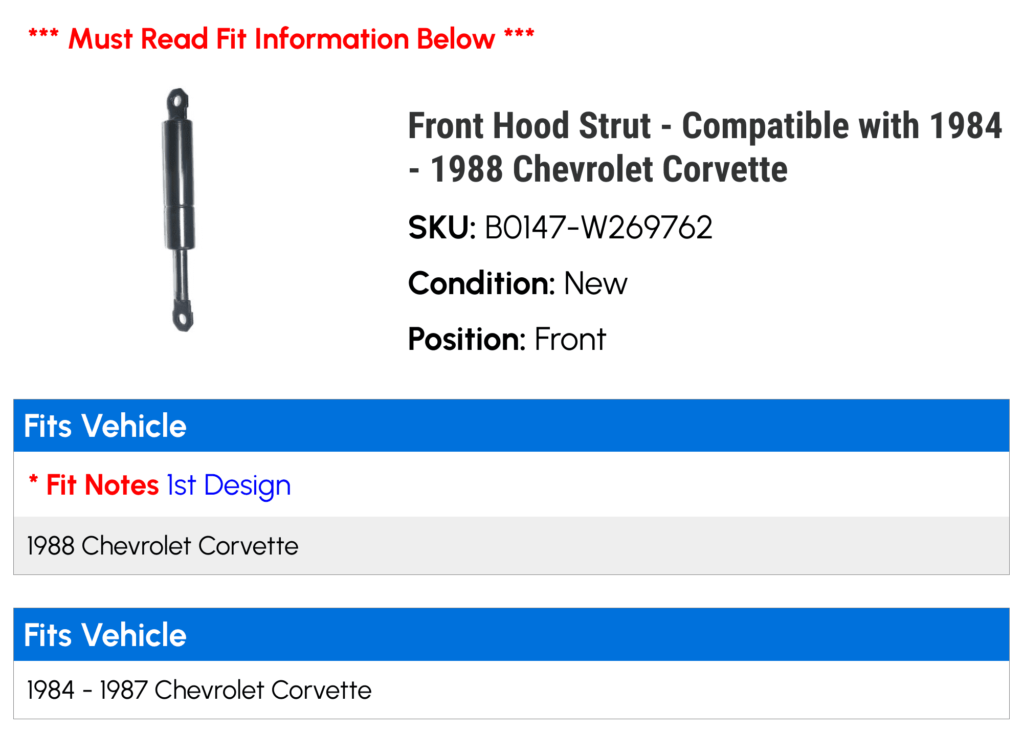Front Hood Strut - Compatible with 1984 - 1988 Chevy Corvette 1985 1986 1987