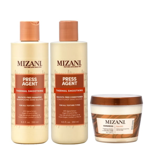 Mizani Press Agent Shampoo 8.5oz   Conditioner 8.5oz   Rose H2O 8oz w Processing Caps