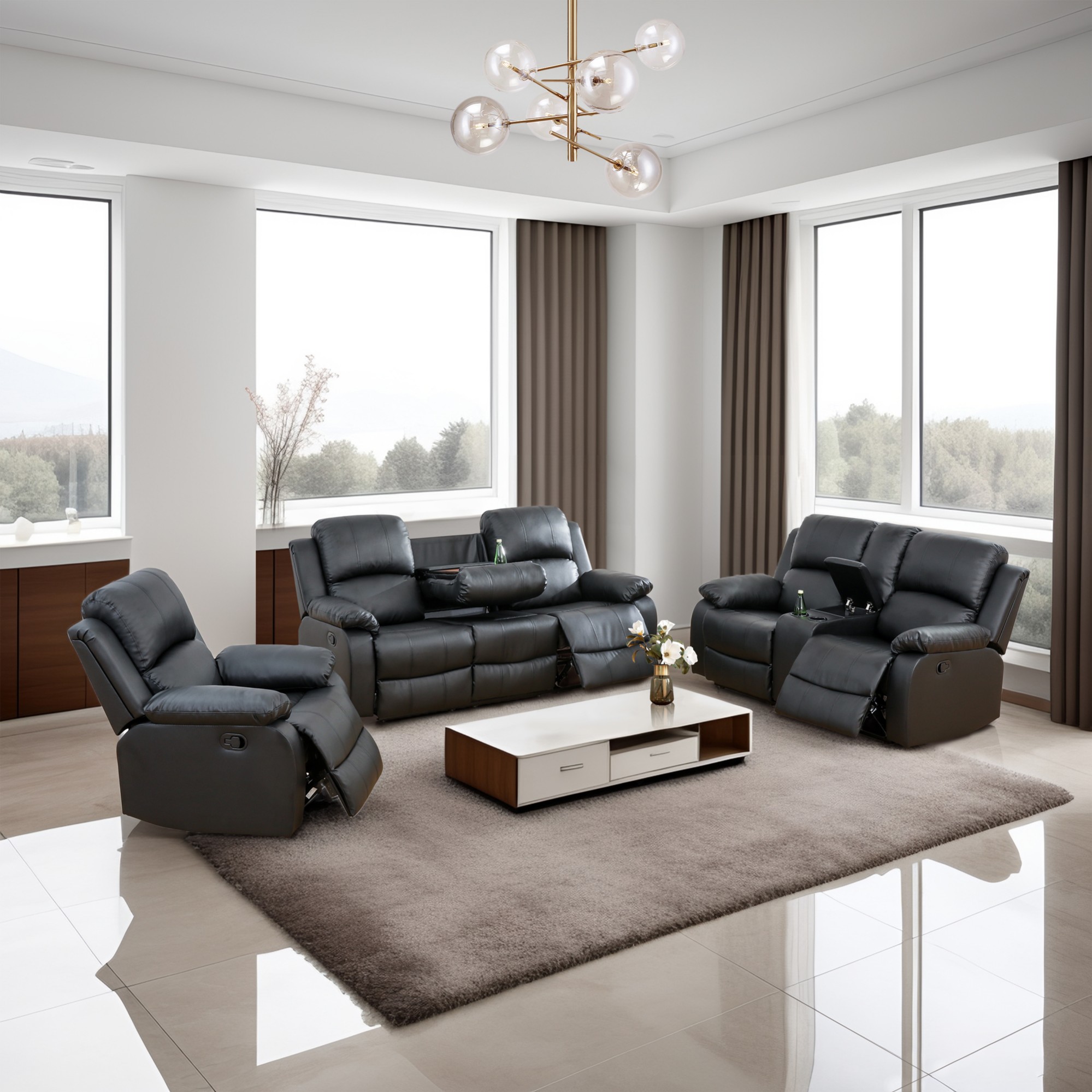 Gewnee Black 3-Piece Living Room Recliner Sofa Set,Air Leather Upholstery with Console & Cup Holders