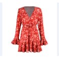 thumbnail image 3 of Women Boho Mini Dress Floral Printed Long Sleeve Deep V-Neck Loose Party Beach Short Dress, 3 of 8