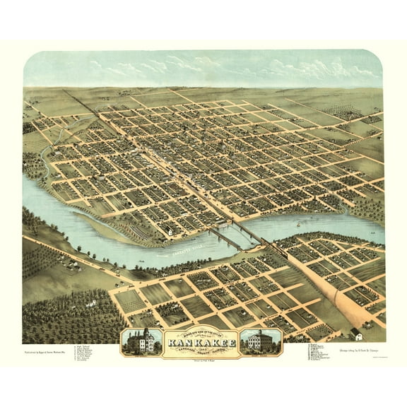 Historic Panoramic View - Kankakee Illinois - Ruger 1869 - 23 x 28.58 - Vintage Wall Art