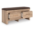 thumbnail image 4 of Signature Design by Ashley Prandefort Bedroom Storage Bench with Upholstered Seat, 2 Drawers, Tan Wood Finish and Brown Fabric Top, 4 of 9