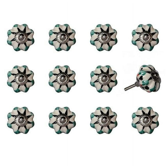 Vintage Hand Painted Ceramic Novelty Knob Set - White, Green & Navy - Pack of 12