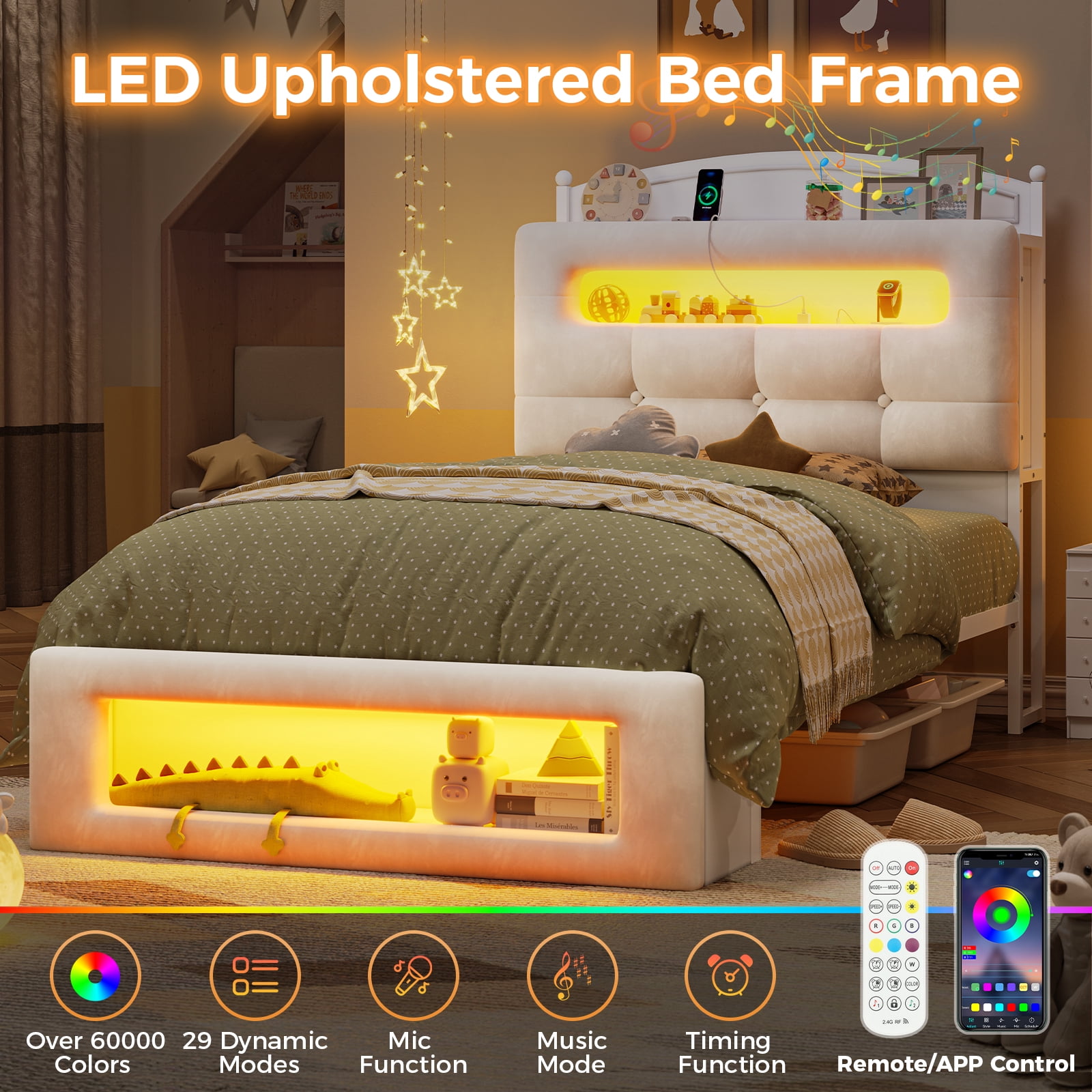 Twin Size Upholstered Platform Bed Frame with LED Lighting, Storage Headboard and Footboard, Remote/App Control, No Box Spring Needed,White