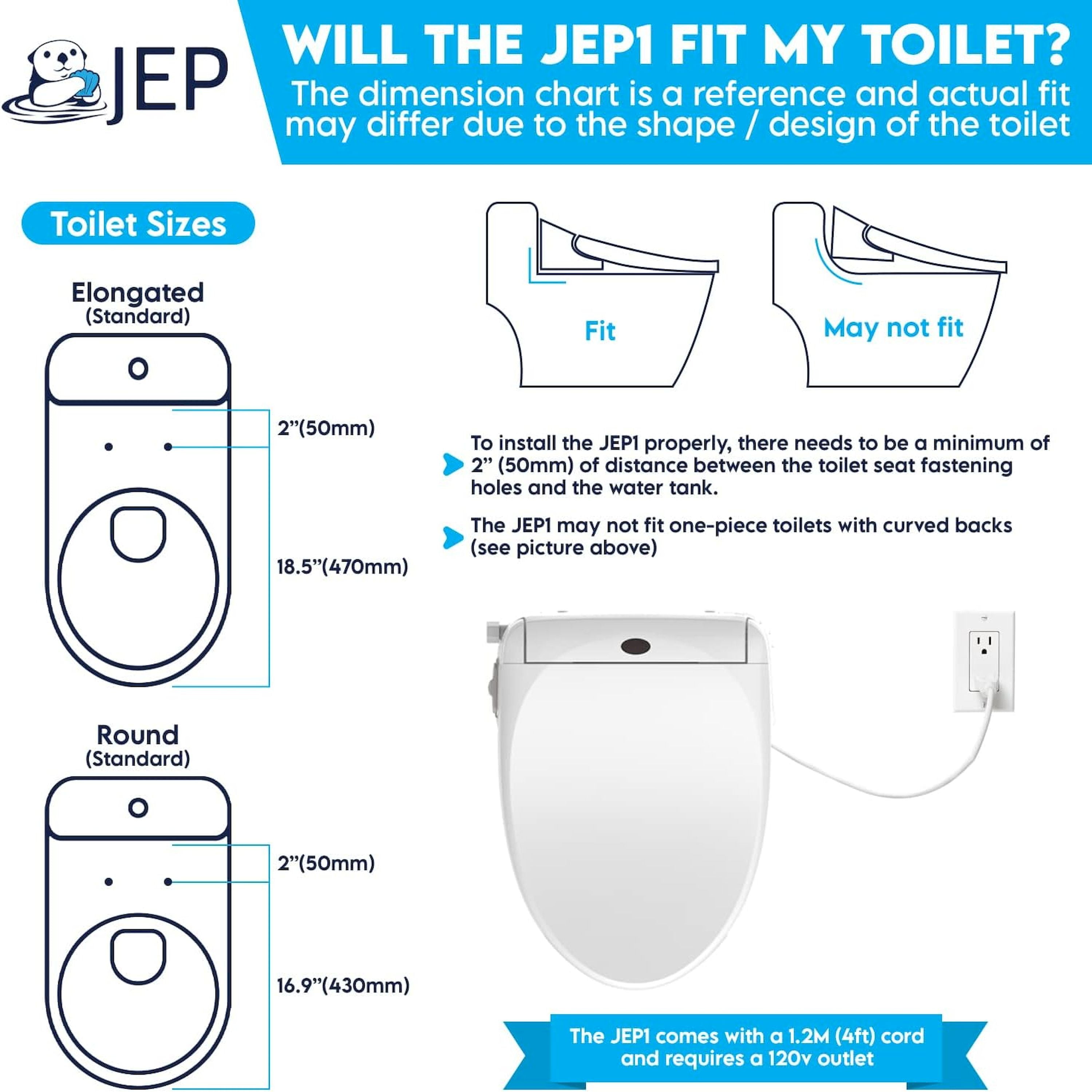 JEP1 Electric Bidet Toilet Seat for Elongated Toilets & Round Toilets | Premium Bidets for Existing Toilets with Warm Water, Heated Seat, and a Remote Control