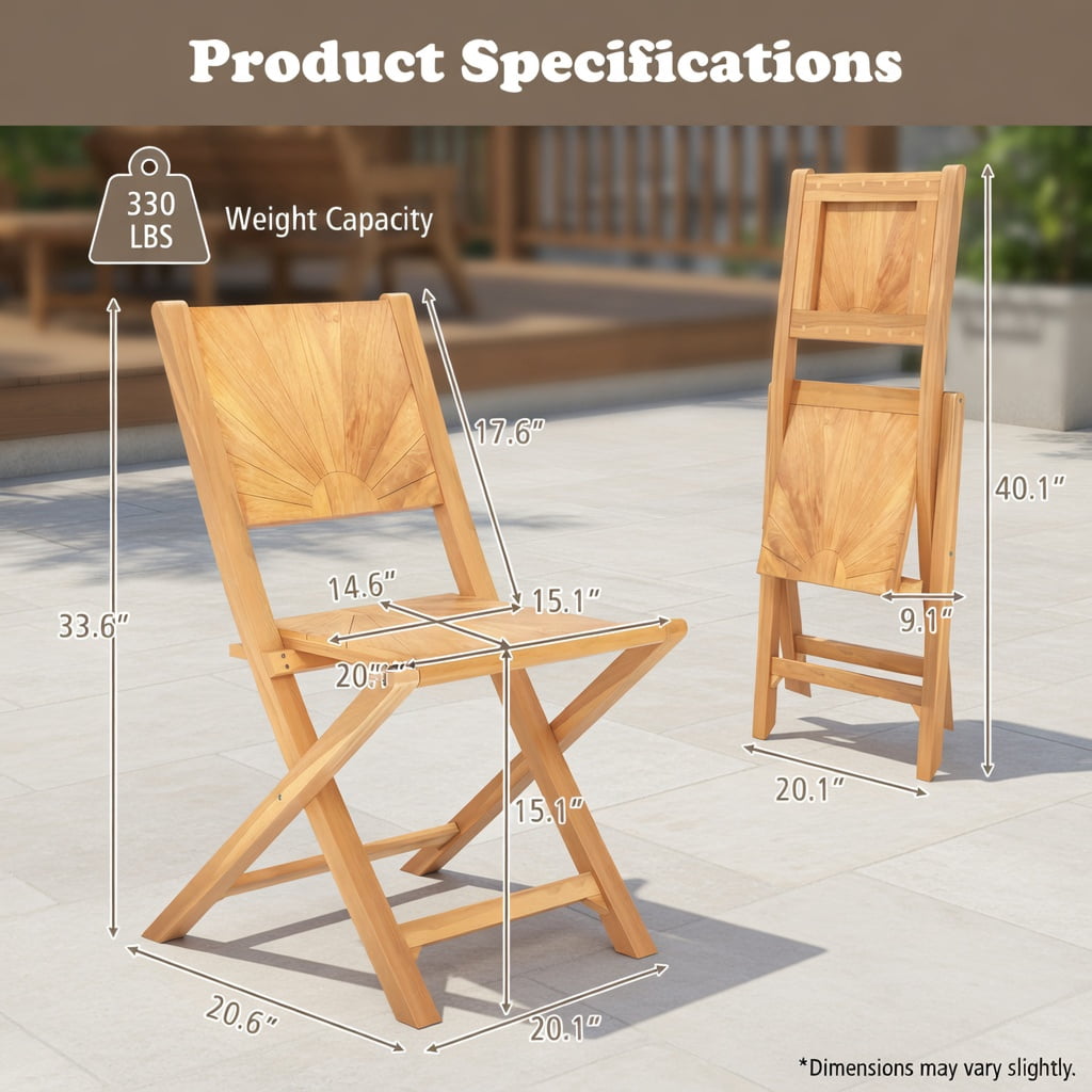 Hommoo 2-Pack Folding Teak Patio Chairs with 105° Inclined Backrest, Wood Outdoor Seating for Porch, Balcony & Garden, Natural