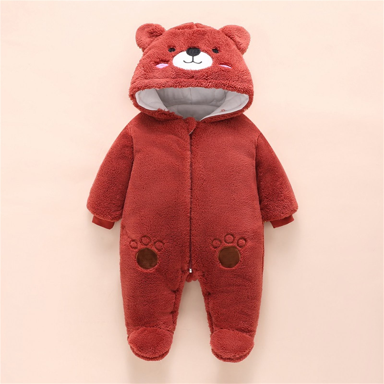 Jinhomg Cute Bear Onesie for Baby Soft Cozy Fleece Footie Hooded Romper Fall Winter Thermal Long Sleeve Full Zip Jumpsuit Trendy Bodysuit Spring Saving Clearance Wine 12 Months