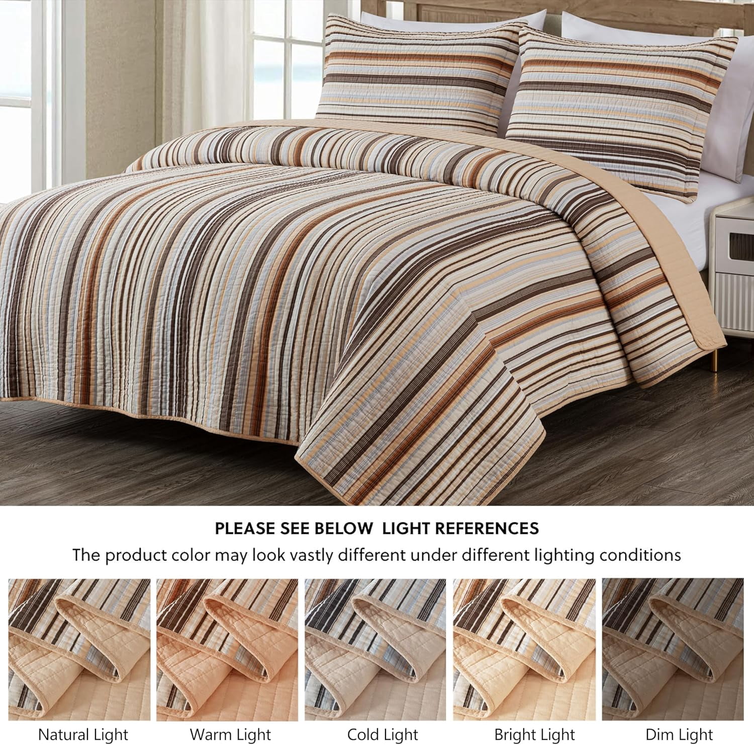 Chezmoi Collection Avery Striped Cotton Quilt Set Queen Size, 3-Piece Soft Pre-Washed 100% Cotton Quilt, Multi-Color Brown