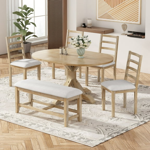 MODERNLUXE Farmhouse 6-Piece 60" Extendable Pedestal Dining Table Set with 18inch Removable Leaf, 44inch Bench and 4 Ladder Back Dining Chairs,Natural
