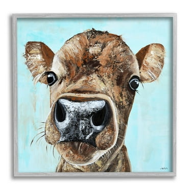 Fun Close Up Cow Face Animals & Insects Painting Gray Framed Art Print Wall Art