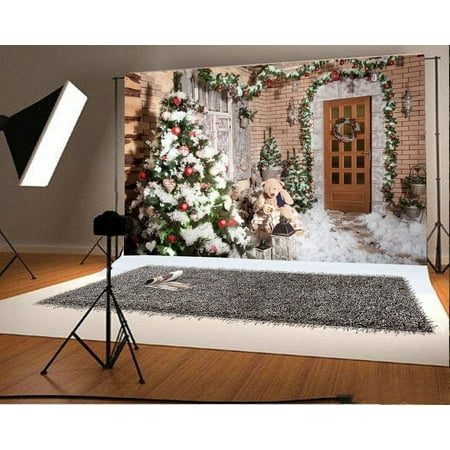 Image of MOHome 7x5ft Backdrop Interior Room Decorated Christmas Tree Photography Background Front Door Snow Stumps Path Winter House Rustic Countryside Home New Year Holiday Party Portraits Photo