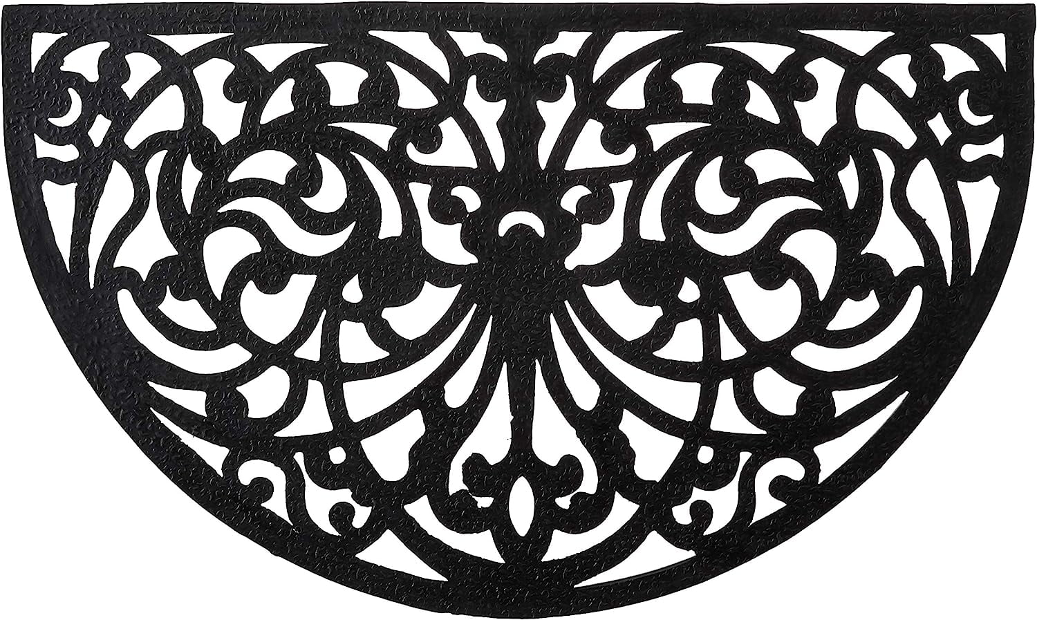 Rubber Scroll Doormat Half Moon Mat, Indoor Outdoor Entrance Mat, Low Clearance, Functional and Easy to Clean, Wrought Iron Scroll Design