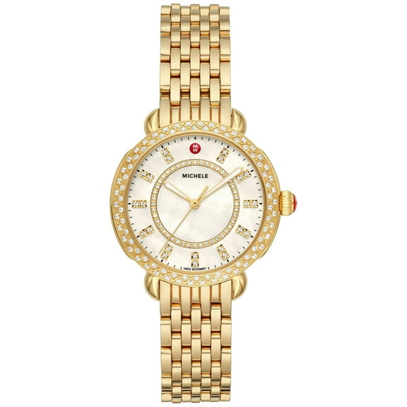 Michele Sidney Classic 18K Gold-Plated Steel Mother-of-Pearl Dial Diamonds Womens Watch MWW30B000004