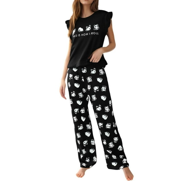 BOOMNY Womens Pajama Set 2 Peice Pajamas for Women Set Cartoon Cat Graphic Sleeveless Pjs Tops Pants Sleepwear Outfit Cozy Soft Homewear Loungewear