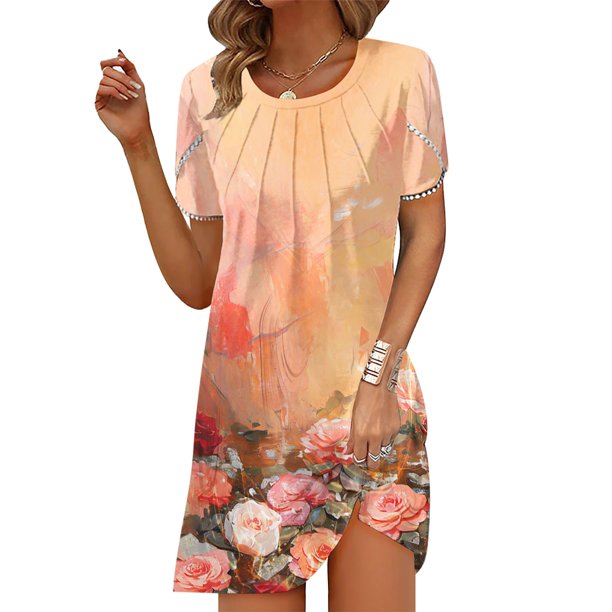 Puntoco Vestido De Verano Para Mujer, Informal, Estampado, De Playa, Manga Corta, Cuello Redondo, Suelto, Camiseta Sin Mangas, Vestido De Manga Corta Con Cuello Redondo, Dorado Xxxxl