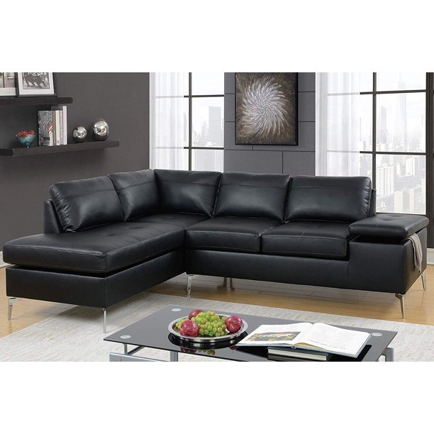 Modern Black Reversible Breathable Leatherette Sectional Sofa Set with