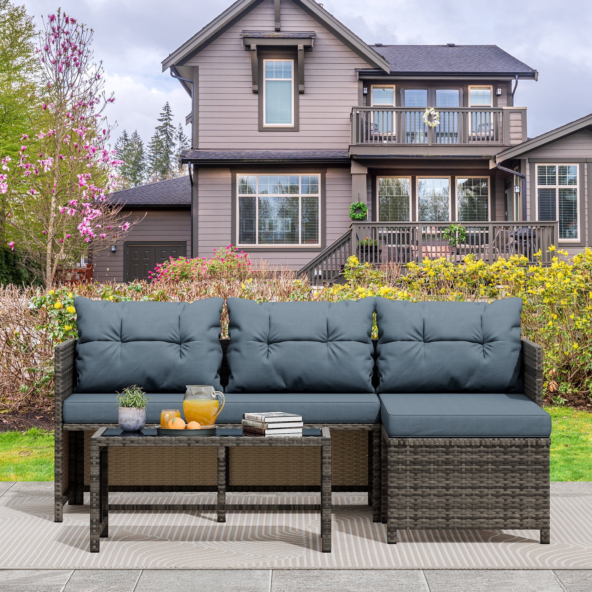 Walsunny 3 Pieces Patio Furniture Sectional Set, All-Weather Wicker Rattan Outdoor Furniture Set with Cushion and Glass Coffee Table, Patio Conversation Set for Garden, Backyard, Pool, Blue