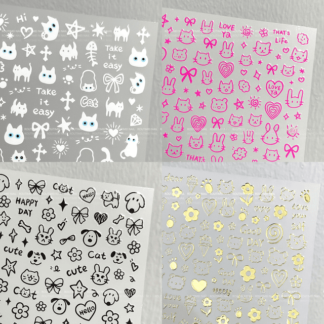 Serie de figuras de palo lindas caricaturas huecas calientes YO serie pegatinas para decoración de uñas gato lazo blanco y negro amor