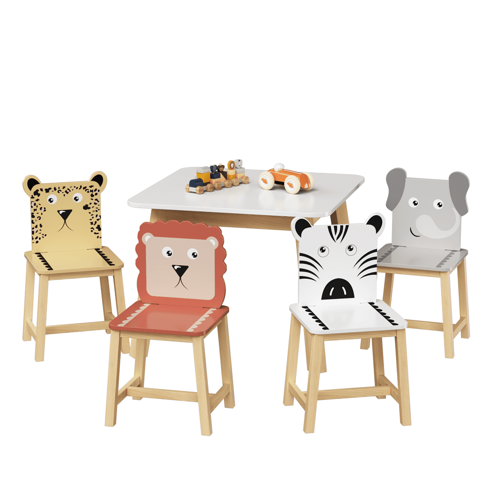 YDSM  5 Piece Kiddy Table and Chair Set , Kids Wood Table with 4 Chairs Set Cartoon Animals (bigger table) (3-8 years old)