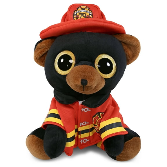 DolliBu Black Bear Firefighter Stuffed Animal - Big Eyes Black Bear Fireman Toy with Red Fireman Costume Outfit and Fireman Hat, Wild Life Stuffed Animal Fire Fighter Doll Plush Toy for Kids - 8 Inch