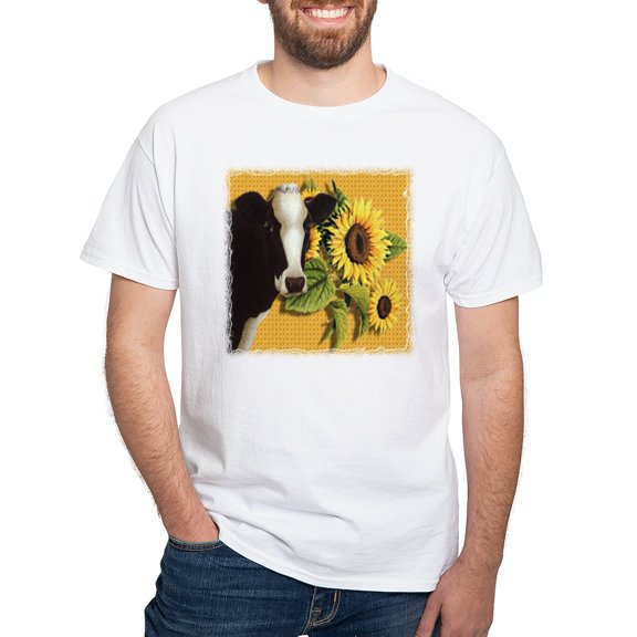 CafePress - Cow Sunflower T Shirt - Men's White Classic Cotton T-Shirts